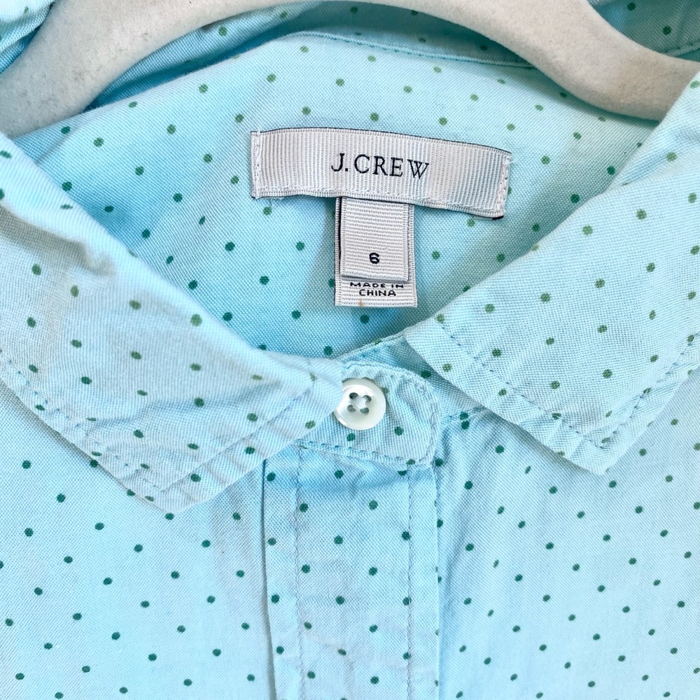 100% cotton J. Crew Sky Blue Shirt with Green Dots